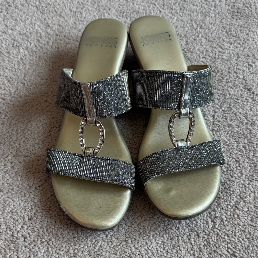 Jones New York Metallic Silver and Gunmetal Rhinestone Slide Sandals